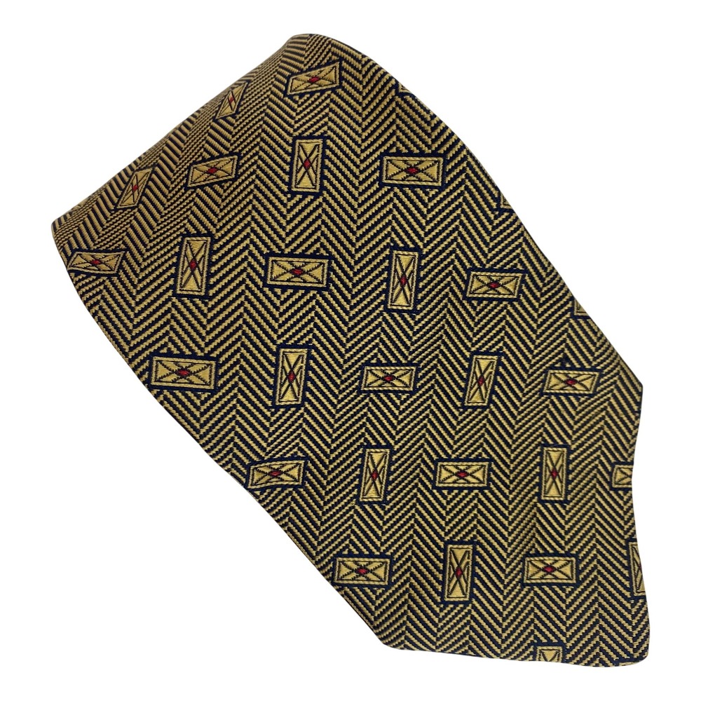 PAUL FREDRICK Mens Silk Necktie Navy Gold Geometric Rectangles 57"x4" USA‎